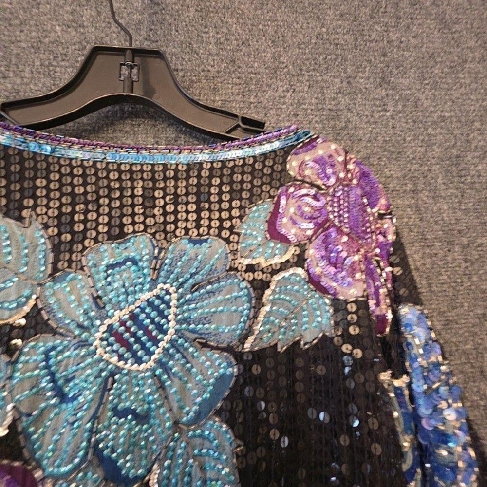 Fantasy by Lisa Kane Sequin Blouse Women's Medium Multicolor Beaded Floral Vtg View 2